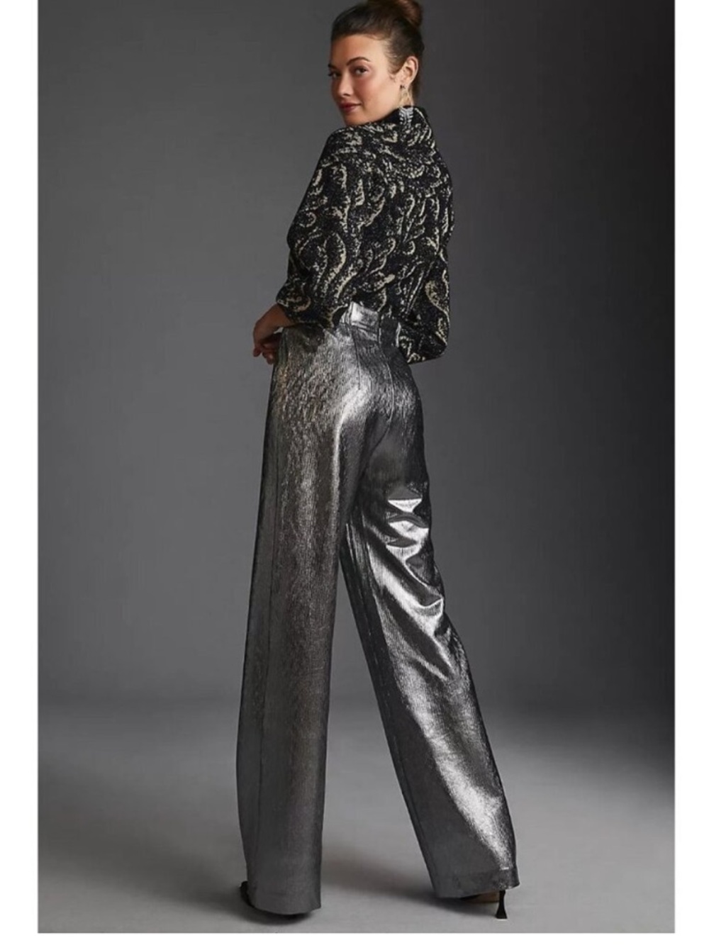 Anthropologie Hutch Textured Metallic Silver Shimmer Trouser Pants | Small
